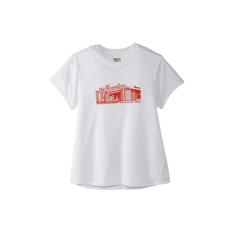 Brooks HOUSTON22 DISTANCE GRAPHIC SS Short Sleeve Running Shirt Womens Outlet - White/26.2 Skyline (